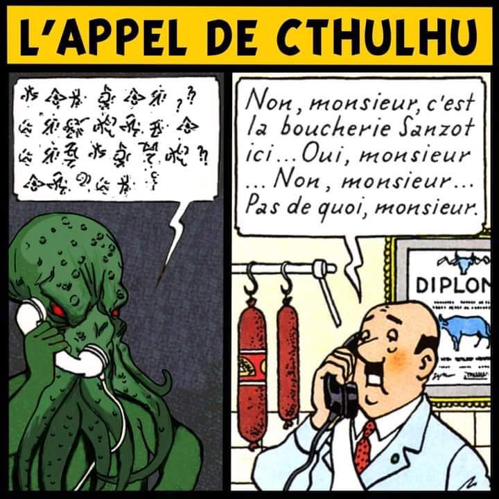 gaby_wald's tweet photo. L'appel de Cthulhu, version Tintin.
"C'est la boucherie Sanzot ici..."
#Cthulhu #AppelDeCthulhu #Ftaghn #BoucherieSanzot #Tintin
... https://t.co/GEabKB9Ayq
