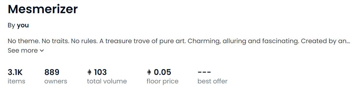 A 100 ETH volume milestone is finally reached. We're on our way to earning a precious badge. Heartiest congratulations to each and every one of you.
#NFT #NFTCommunity #Mesmerizer_NFT