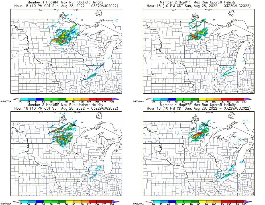 Quite a bit of member agreement on initiation location in the 9z ensemble for severe weather later today in both reflectivity and UH tracks. #mnwx