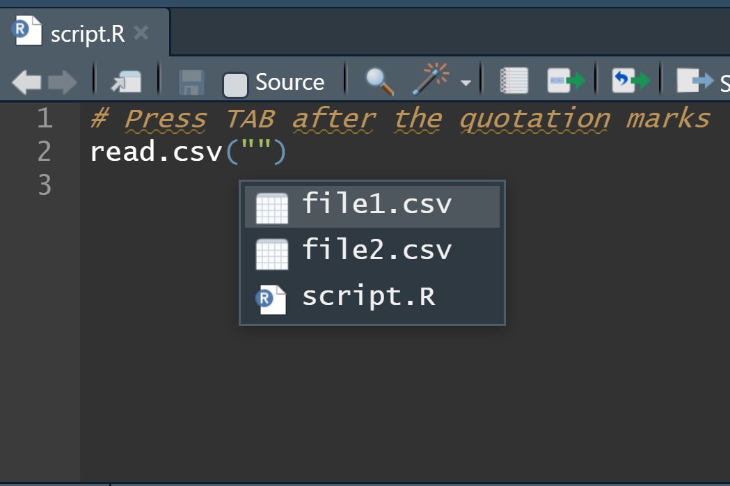 JulienMouchnino's tweet image. A small tip in #RStudio💡

Hit the TAB key to show the files available in your working directory