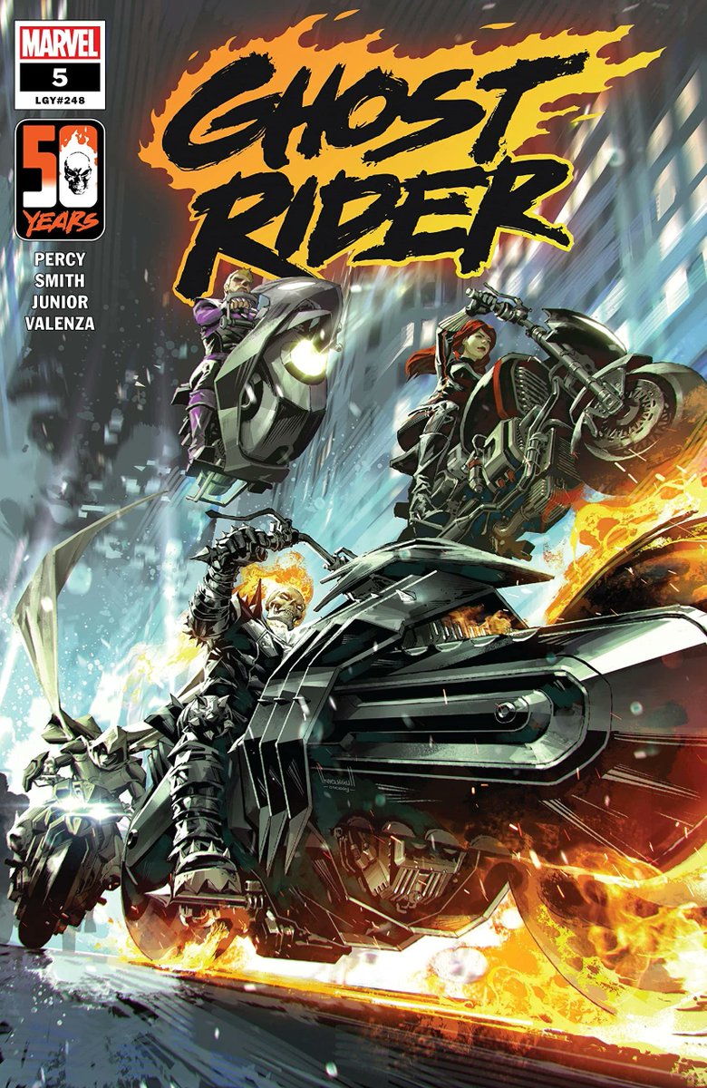 Jimmy's Reviews:  #GhostRider.  Issue 5.  #BenjaminPercy, writer. #CorySmith, artist. Hell's Backbone was a race of many heroes and villains . #DocDoom, #Kraven, #Wolverine, others plus #JohnnyBlaze.  Race from Hell. Road closed. However who is #Blackheart?