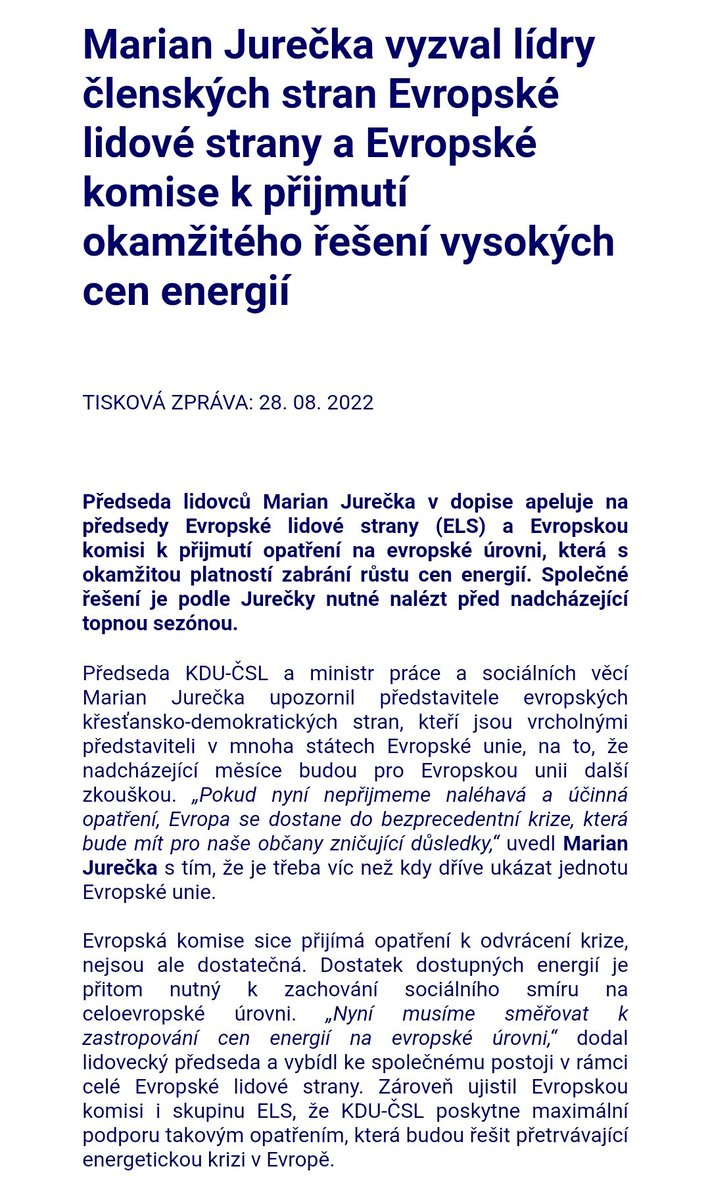TomasZdechovsky's tweet photo. Předseda @kducsl @MJureka vyzval lídry @EPP a @EU_Commission, aby se zapojili do řešení vysokých cen energií. Tohle je velká zkouška celé unie, která je pod obrovským tlakem. Situace nahrává extremistům a populistům. Musime lidem a firmám urychleně pomoci! https://t.co/BRXgfi6KlF