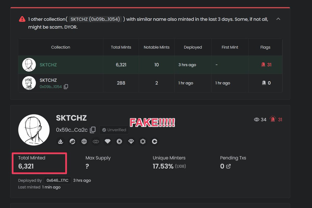 Sad day for degen again.... DEGENS pls check before you mint.... you have minted the FAKE collection and the REAL collection is now DED.....😢😢😭😭😭

@sktchzNFT <a href="/degenmintxyz/">DegenMint</a>