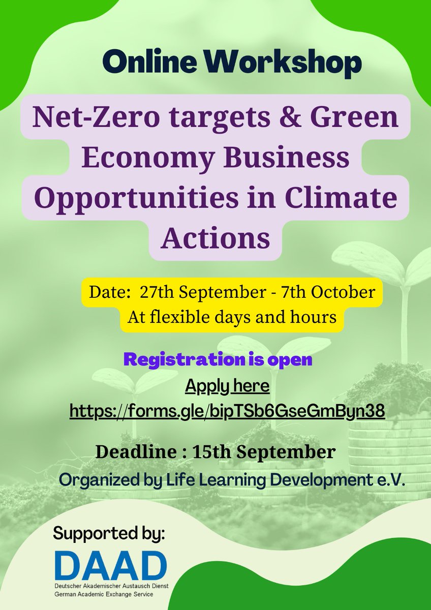 LifeLearning3's tweet photo. “Net-Zero Targets and &amp; Green Economy Business Opportunities in Climate Actions” 2022
will start soon from  27th September to 7th October
Register now: 
https://t.co/uRTyanbWtL

#climateaction #greenbusiness #greeneconomy #climatebusiness #energytransition #renewablenergy https://t.co/UhriC1EVop