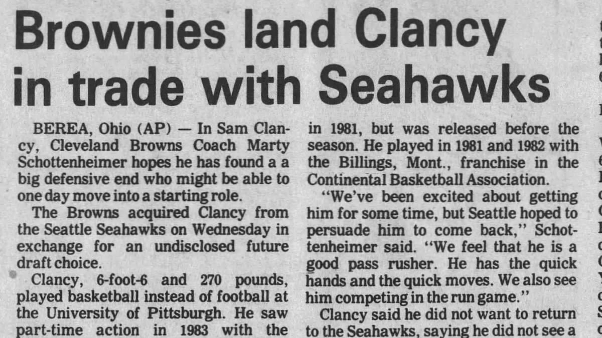 MrCleveland_216's tweet photo. August 28, 1985: Brownies Build D-Line🏈
#Browns acquire DL Sam Clancy from Seahwaks. (btw did you know he played🏀@ Pitt? - if not, announcers mentioned it EVERY SINGLE game😂). Loved Clancy, we don't beat #TakeFlight '86 playoffs w/o him-he was DOMINANT #Sam 9⃣1⃣ #Brownies https://t.co/aCfFJbczwv