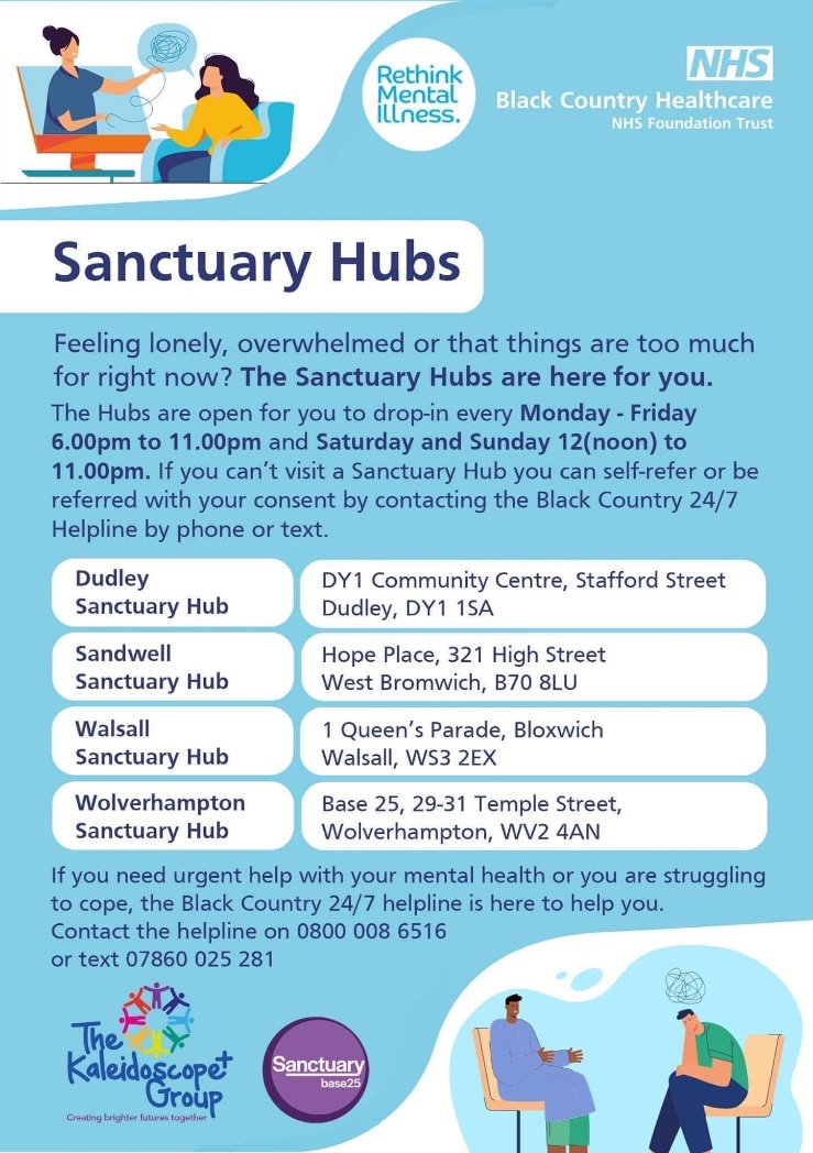 rethinkOwAmYa's tweet photo. The Sanctuary Hubs are open 7 days a week including Bank Holidays. The Sanctuary Hub provides out of hours #MentalHealth support. 

Mon - Fri 6pm-11pm
Sat &amp; Sun 12noon-11pm

If you are in need of support drop into your local #SanctuaryHub 👇🏽#BlackCountry https://t.co/okObGLehA6