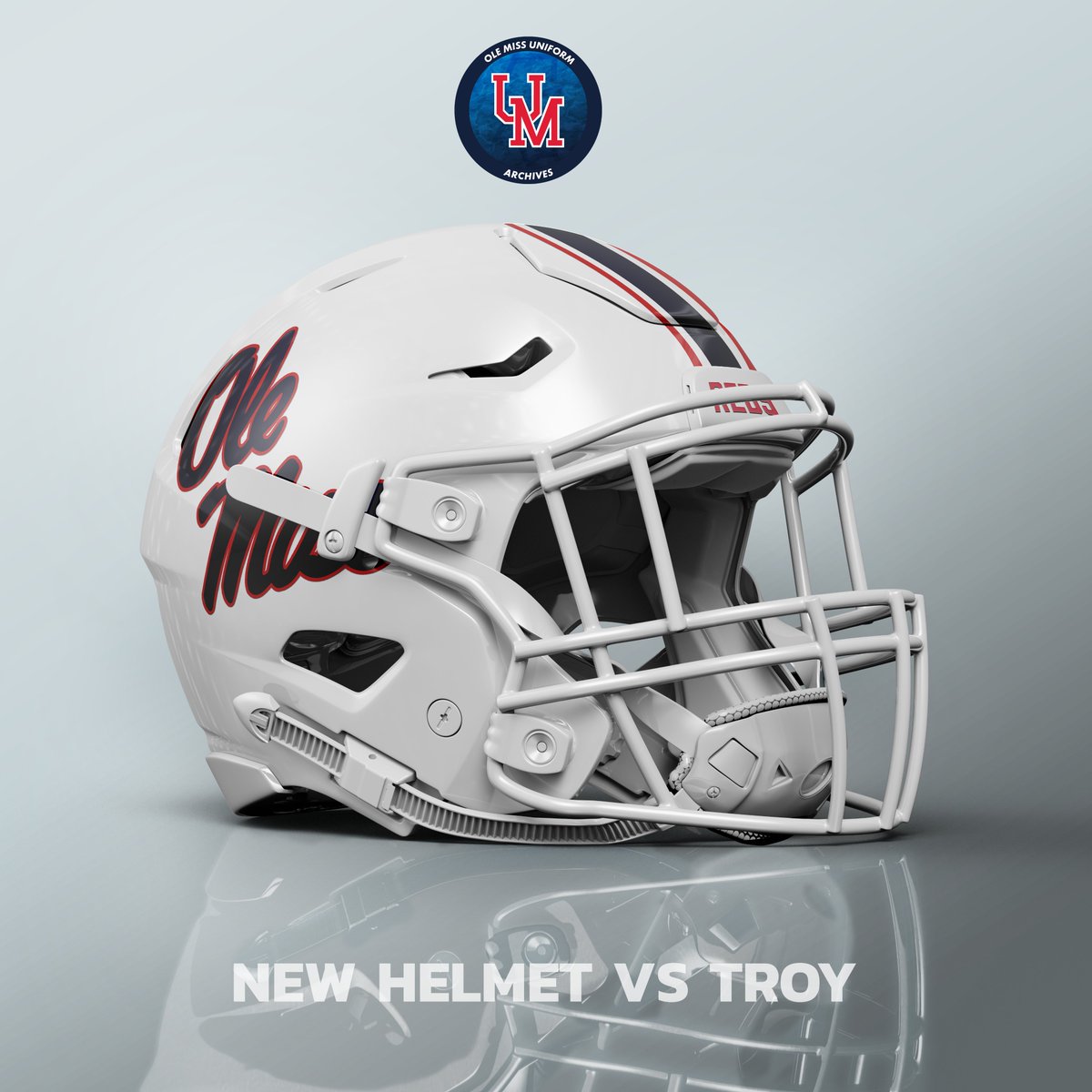 OleMissUnis's tweet photo. 🚨NEWS🚨

Ole Miss is set to unveil a new helmet design for their matchup with Troy. The white helmet mimics the 2022 Sugar Bowl helmet but features navy aspects rather than powder blue.

Ole Miss is expected to pair this helmet with the navy top and white bottoms.

#HottyToddy https://t.co/Ubh9L6oyLW