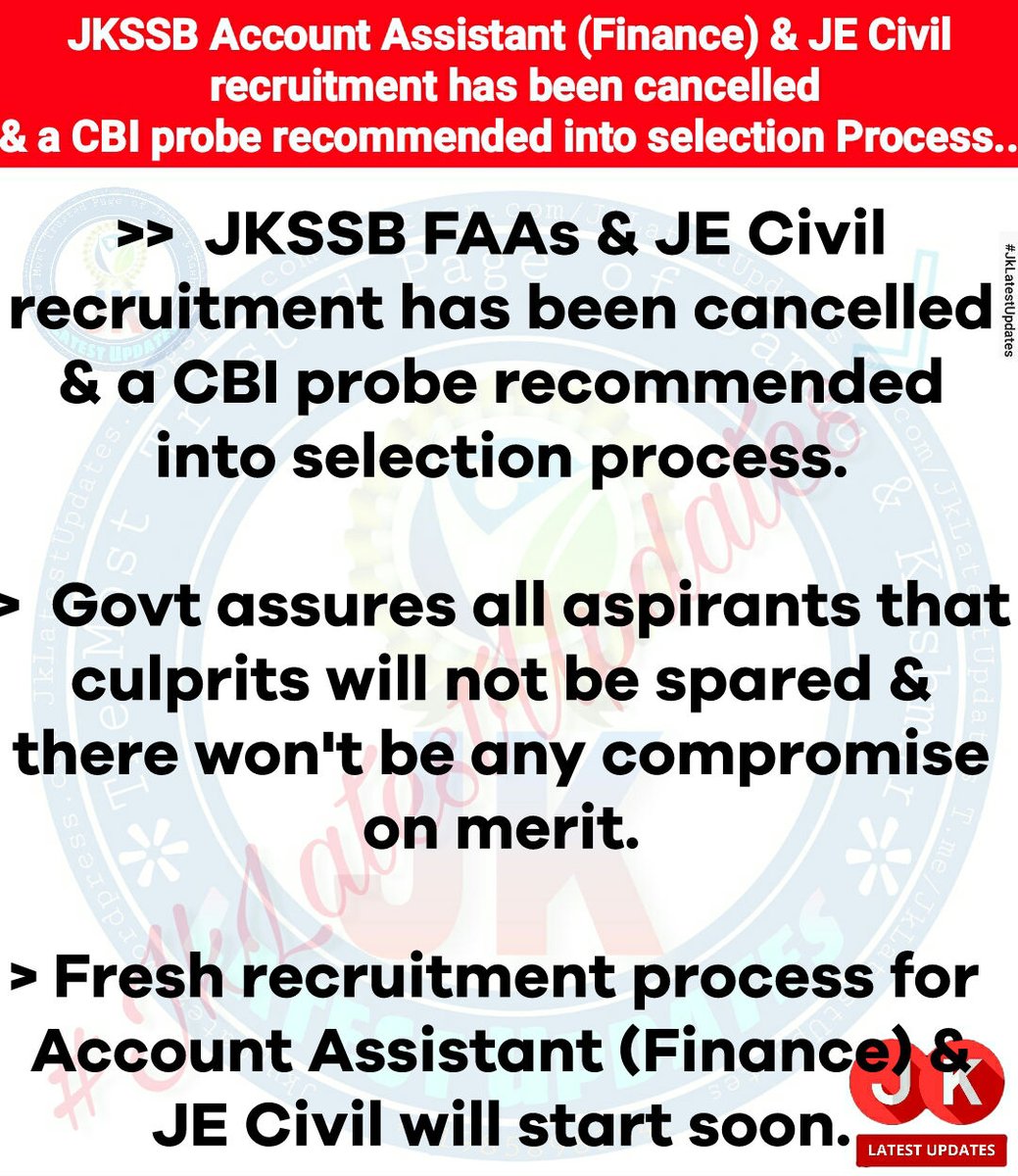 JkLatestUpdates's tweet photo. >> Govt Cancels Recruitment of FAAs, JE Civil,recommends CBI probe... #JkLatestUpdates
#FAA #FAAScam #JE #JEScam #JKSSB #Jammu #Kashmir @diprjk @infjammu @RJSameenKhan @rjnasirkashmir @rjrafiqofficial @rj_vijdan @jkssbofficial @JKgrievance @JKSTUDENTSASSO @Drsheikhamina @iustjk https://t.co/ijyxW7dpeH