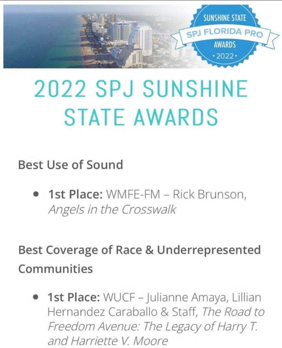 LillyTallyNews's tweet photo. Another win for #themooreproject! 🎉🥂
This time, @WUCFTV and @UCF take home a 2022 @spj_tweets Sunshine Award!! Thanks and congrats as always to @JulianneAmaya and @RickBrunson1! Thanks @MsSonyaLive for helping make this happen. Feeling honored and inspired. #GKCO 💛🖤⚔️ https://t.co/lYlNU2958B