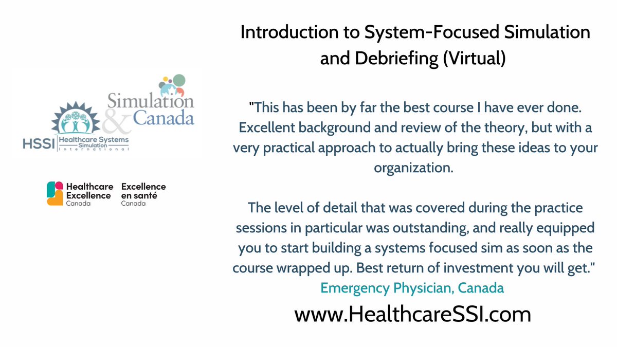 Fall 2022 Course is Now Open… 
Introduction to Systems-Focused Simulation and Debriefing

Expand your toolbox, improve your healthcare system, solve real clinical problems using simulation.
November-December 2022
healthcaressi.com/training-cours…