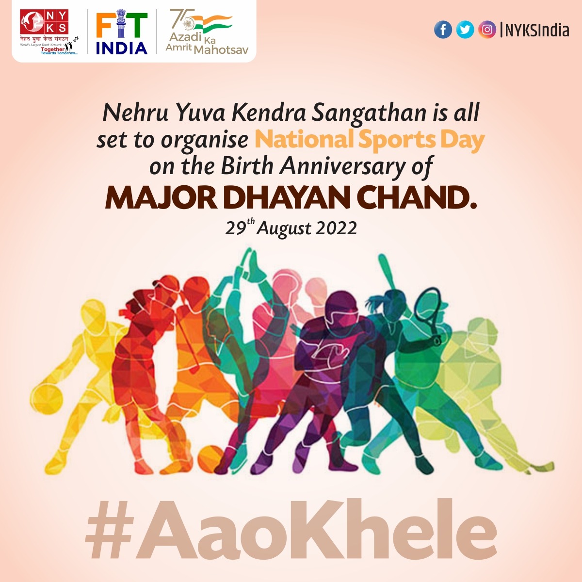 MYBharatHQ's tweet photo. Nehru Yuva Kendra Sangathan is all set to organise National Sports Day on the Birth Anniversary of Major Dhayan Chand. 
1 Day to go, Are you ready?

#BirthAnniversary #MajorDhyanChand #NationalSportsDay2022 #AaoKhele #Sports4Unity https://t.co/DNuQZunY0r