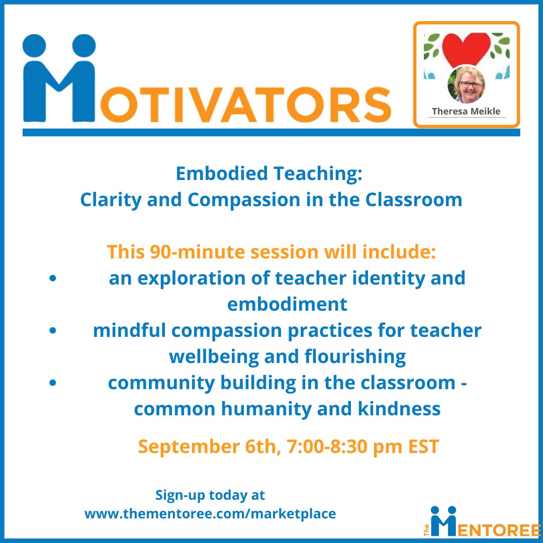 TheMentoree's tweet photo. On the night before school, anxiety may abound, for teacher, and child, and all those around. Why not tool up with fundamental practices that can help everyone? On Sept 6th from 7:00-8:30 pm, we're excited to learn with @T__Meikle https://t.co/h9kQP0uJ5C. Join us! #compassion https://t.co/hIBIFzimHh