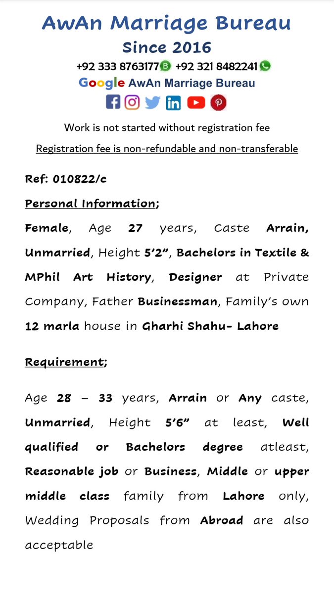 AwAnMarriage's tweet image. #Female #27Years #Arrain
#Unmarried #5feet2inch 
#Bachelors #TextileDesigning #MPhil
#Designer
#Lahore #GarhiShahu
#AMB #Registered