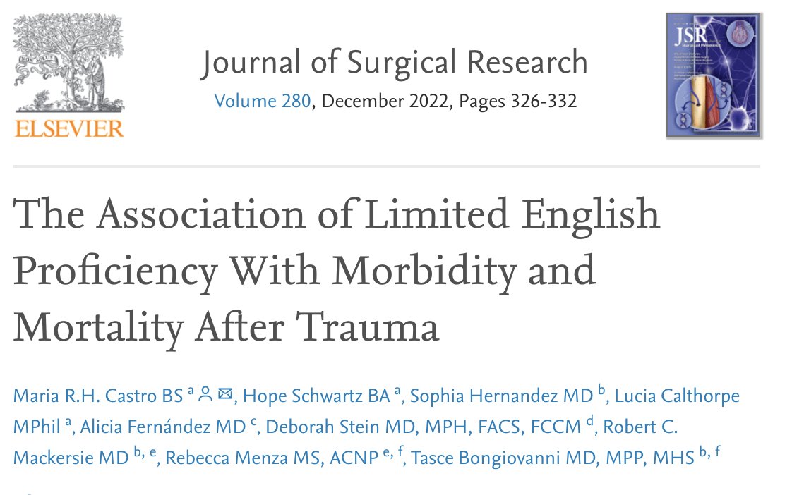 @MariaRoseCastro finds that following traumatic injury, non-English language preferred patients experience increased hospital LOS & in some cases even mortality - work to be done to provide trauma care to vulnerable populations authors.elsevier.com/c/1fehW578XaMZ2 @hopeschwartzy @Jasosamd
