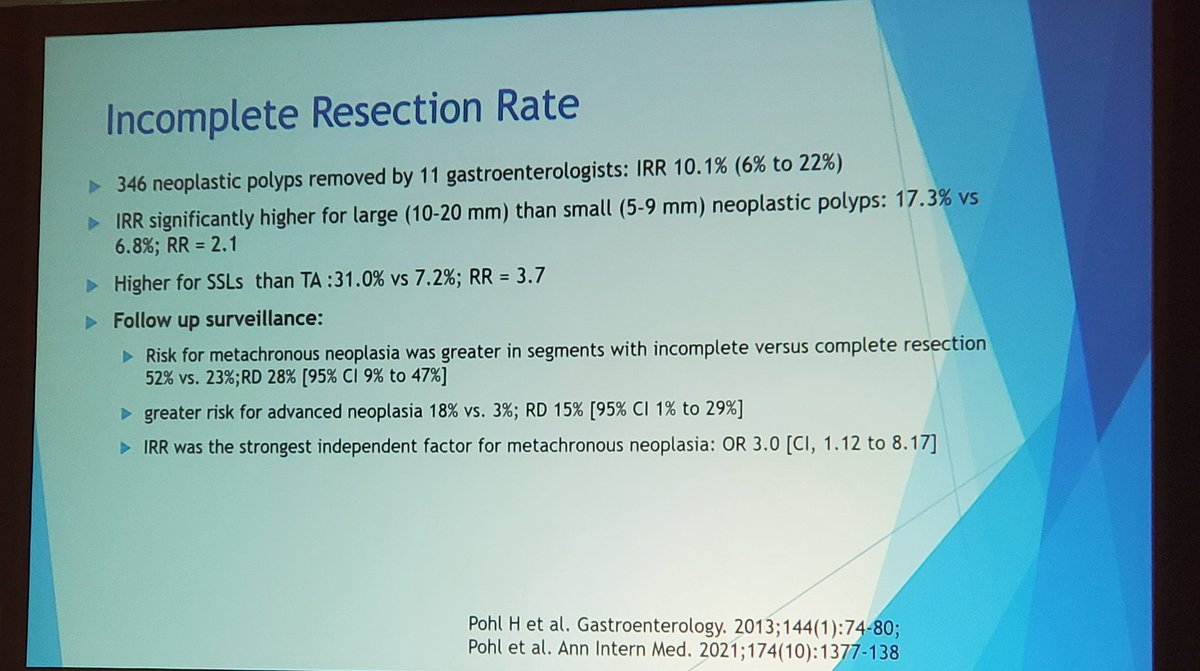 IBD_Afzali's tweet photo. @AasmaShaukatMD Nicely summarizes quality metrics ADR, PDR, IRR
🔦ADR goal 25%+ (🚫SSA/SSL)
🔦PDR >43% = ADR 25%
🔦IRR seen more often in larger polyp resections & sessile serrated polyps = ⬆️ risk metachronous neoplasia
⏰️Withdrawal time 7-8 min is best
#ACGRegionals https://t.co/tcglOwT7T2