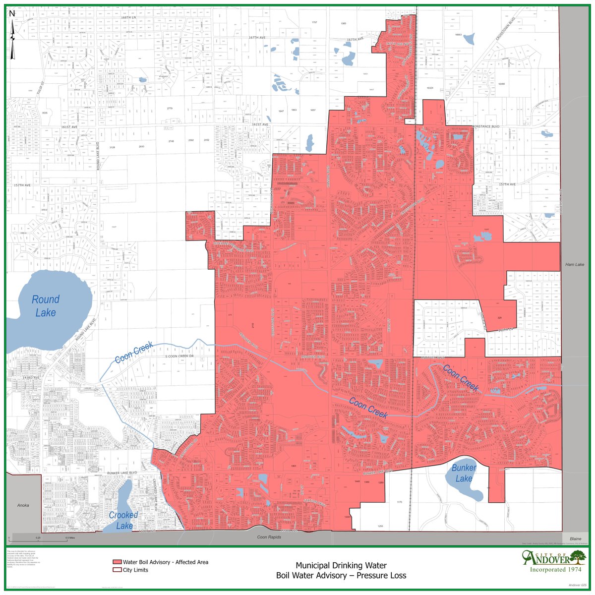 Andover_MN's tweet photo. A Boil Water Advisory has been issued for the central and east side of Andover for residents that are on the municipal water system (see map).  Residents should boil their water until further notice.    More information is available on the City website:  https://t.co/l3ej9JlFdJ https://t.co/htbhQBzVuz