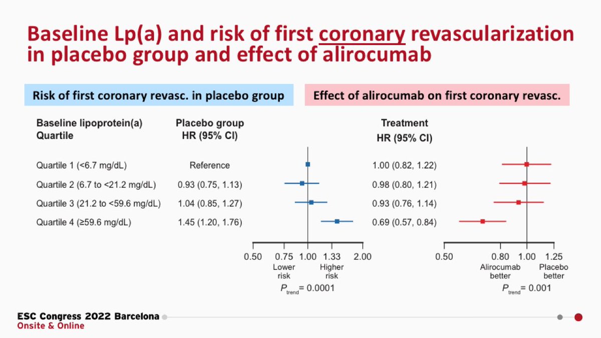 Odyssey outcomes analysis presented today @Esc2022. Baseline lp(a) predicts revascularisation. Importantly, benefit of alirocumab in reducing revascularization appeared confined to patients with elevated lp(a), despite similar baseline and achieved LDL-c across quartiles 1/2