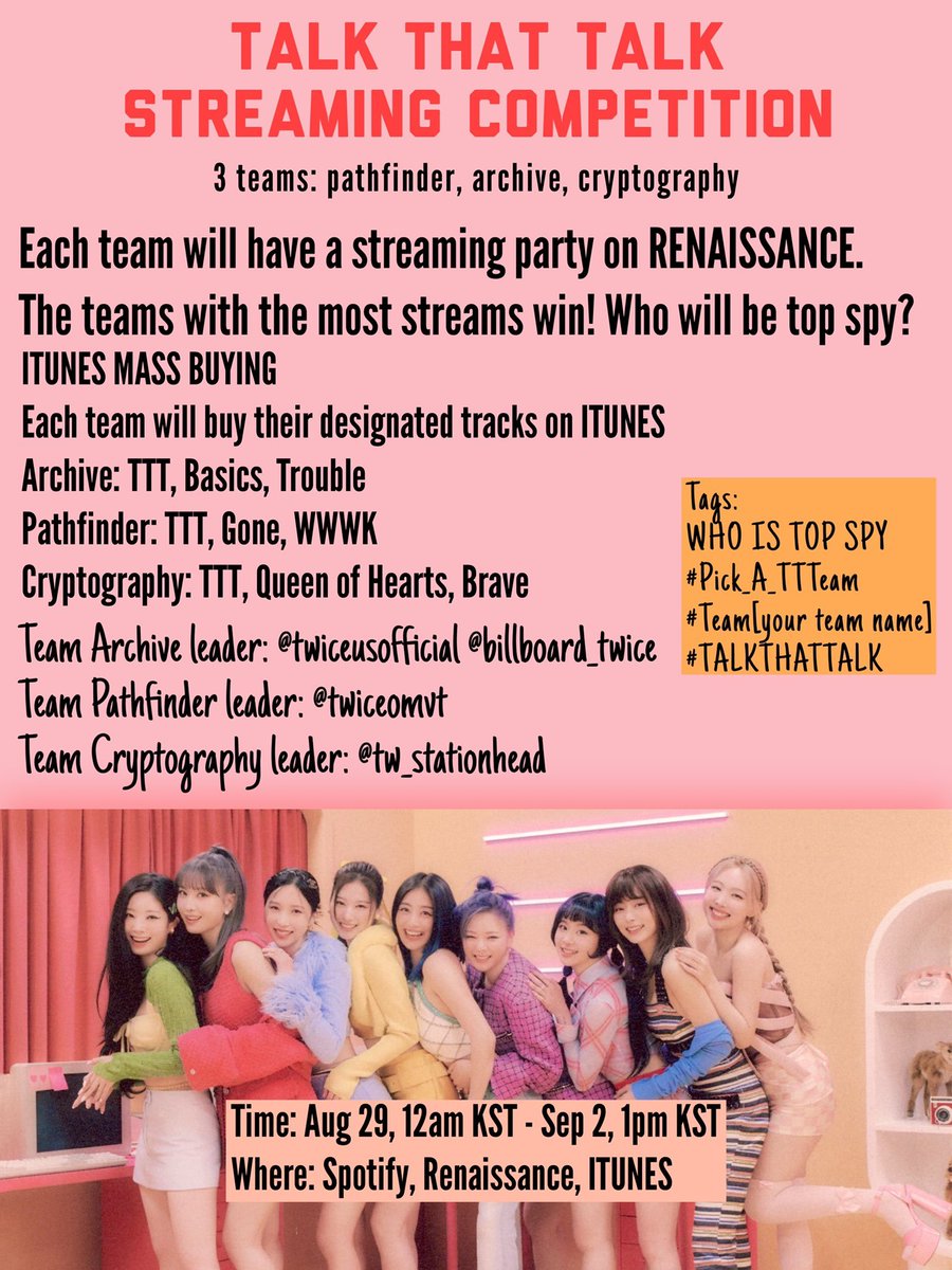 sanaglobalunion's tweet photo. Team Archive 📁🕵️♂️, besides streaming on Renaissance we will also be focusing on iTunes!
Let's be the top spies and do our best for TWICE.
Renaissance party link: https://t.co/ayfc3pejCc
WHO IS TOP SPY
#Pick_A_TTTeam #TEAMArchive #TalkthatTalk @JYPETWICE https://t.co/ZxVDnMEi7y
