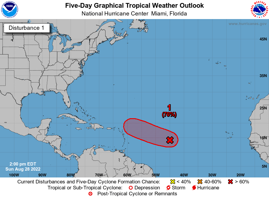 Although environmental conditions do not appear conducive for significant development, a tropical depression, at the very least, is likely to form later this week while moving slowly westward and then west-northwestward toward the waters east of the Leeward Islands. (2/2)