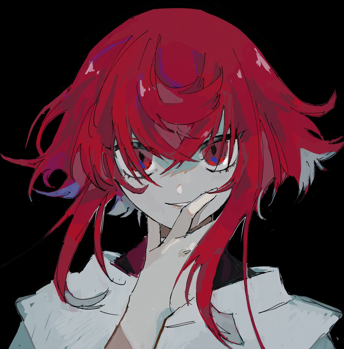 solo black background red hair red eyes simple background short hair with long locks looking at viewer  illustration images