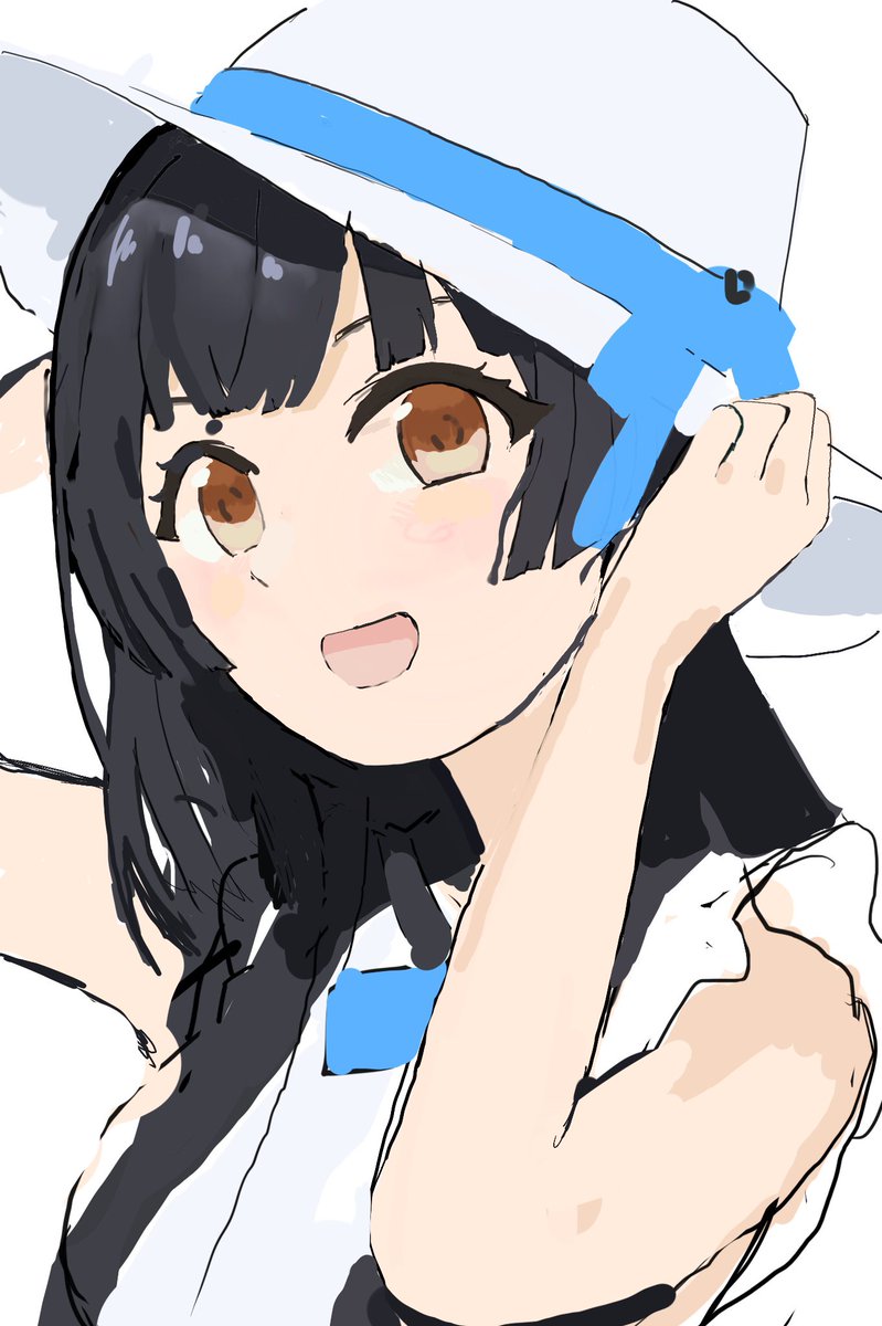 mayuzumi fuyuko 1girl solo hat black hair white background simple background upper body  illustration images
