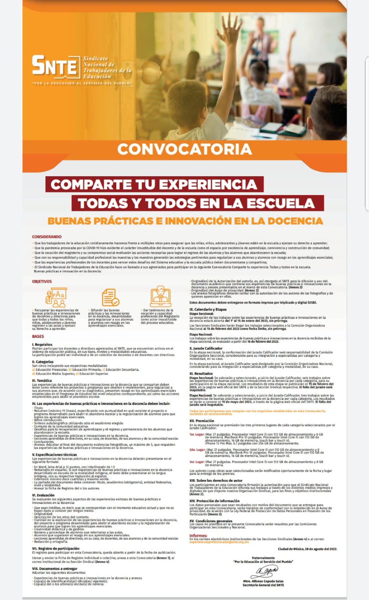 SnteNacional's tweet photo. #SNTEconMéxico 👩‍🏫🇲🇽👨‍🏫

‼️Participa‼️
Maestr@ #SNTE 📚 difundir buenas prácticas e innovación desarrolladas para regularizar a alumn@s con rezago en aprendizajes esenciales✔️ es parte de la campaña 👉Todas y Todos en la Escuela👈

Convocatoria 👉 https://t.co/ZHekfMRL5W 📜 https://t.co/euw395ljN6