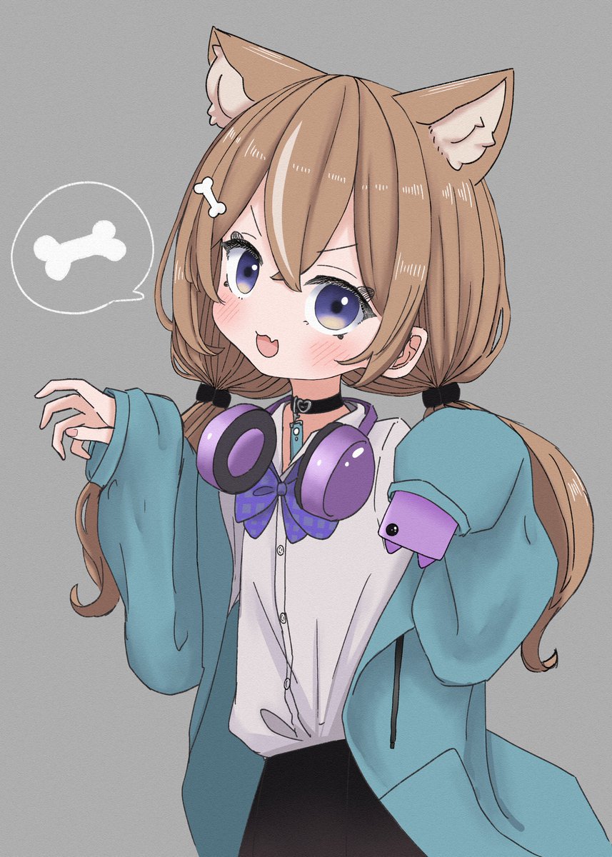 1girl animal ears brown hair headphones around neck solo bone hair ornament twintails  illustration images
