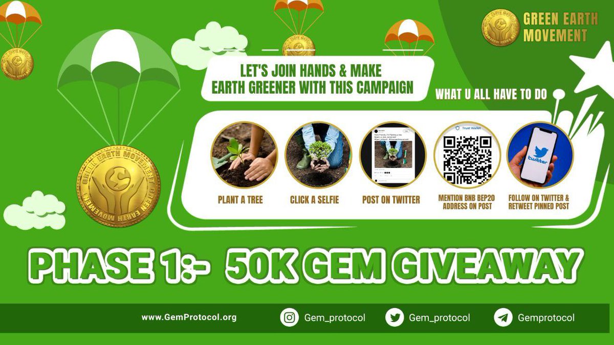 GEM protocol (@gem_protocol) on Twitter photo $GEM Giveaway 🎁
50K $GEM to 10k random users
1. Plant a tree & click a pic
2. Post it on your Twitter #GEM <a href="/gem_protocol/">GEM protocol</a>
3. Drop BNB (bep20 BSC) address in comment
4. Follow x.com/gem_protocol 5. RT & Like the pinned post. $GEM Giveaway 🎁
50K $GEM to 10k random users
1. Plant a tree & click a pic
2. Post it on your Twitter #GEM <a href="/gem_protocol/">GEM protocol</a>
3. Drop BNB (bep20 BSC) address in comment
4. Follow x.com/gem_protocol 5. RT & Like the pinned post.