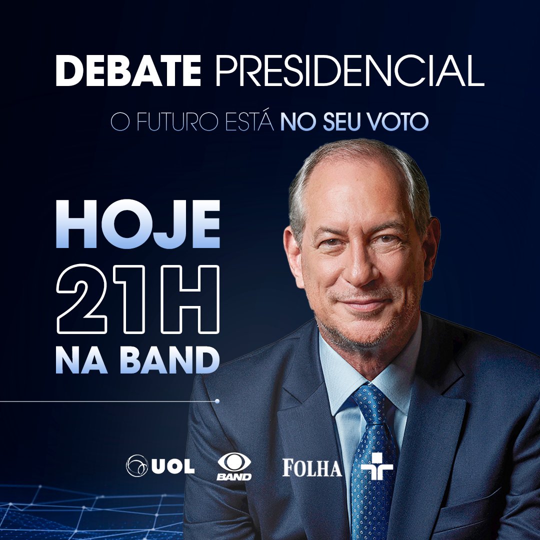 cirogomes's tweet photo. Gente boa, hoje acontece nosso primeiro debate! É um momento importante para discutir propostas e mostrar ao povo que existe uma alternativa pra essa polarização odienta que está destruindo o Brasil. Encontro vocês às 21h! https://t.co/vU1OaeKaaF