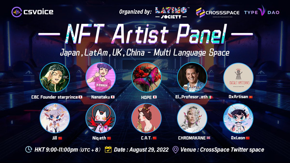 Hey Crossers, featured in our latest #CSVoice is a new globalised show called✨NFT Artist Panel✨. We are excited to have artists from Japan,LatAm, UK and China joining us and share their NFT journey. 

This Monday 9pm UTC+8, stay with us!

Link to join👇

x.com/i/spaces/1vAxR…