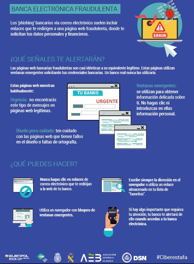 dsn's tweet photo. ➡️ Banca Electrónica fraudulenta #Internet ¿Qué puedes hacer? ¿Qué señales te alertarán? #Phishing #Ciberestafa #Ciberseguridad 
 @EC3Europol https://t.co/7eOO7rNeL4