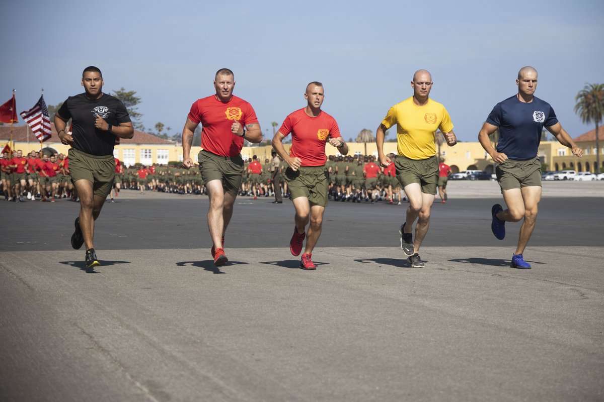 USMC's tweet photo. #Marines run in formation during a motivational run to celebrate the new Marines of Alpha Company, 1st Recruit Training Battalion, at @MCRD_SD, Aug. 25.

The motivational run is the last physical fitness event conducted in recruit training.

#USMC #RecruitTraining https://t.co/WsmMbfsYKr
