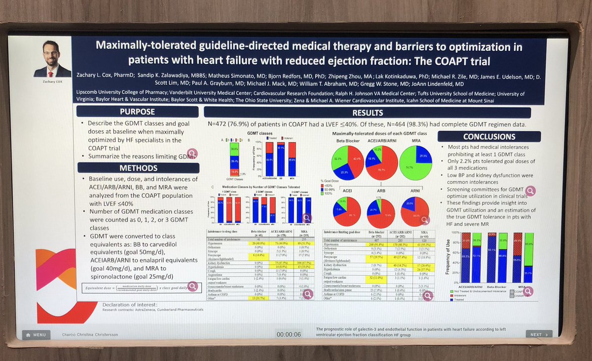 Presenting the baseline GDMT tolerance in #COAPT trial at #ESCcongress now. All I could grab was a screenshot but recording is up on up on myESC. Provides insight into info gap from current HF registries and estimation of true GDMT tolerance when prescribing inertia is removed