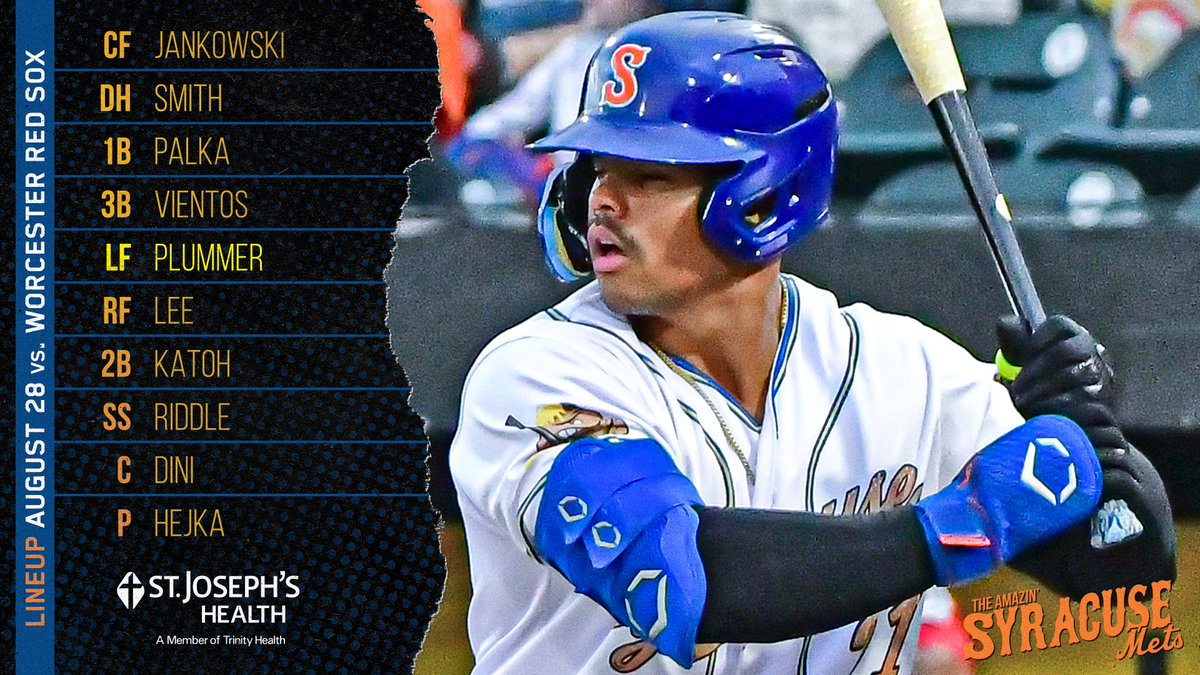 SyracuseMets's tweet photo. Here’s your Salt Potatoes starting lineup for today's game, courtesy of @StJosephsHealth! We're wrapping up Salt Potatoes Power Move Weekend with a Tater Tot Bobblehead Giveaway! 🧂🥔 #LGSP

🆚 @WooSox 
🚪 Noon
⚾️ 1:05pm
📻 @TheScore1260
💻 https://t.co/iFmJLbiB85 https://t.co/CaaYZPdEtC