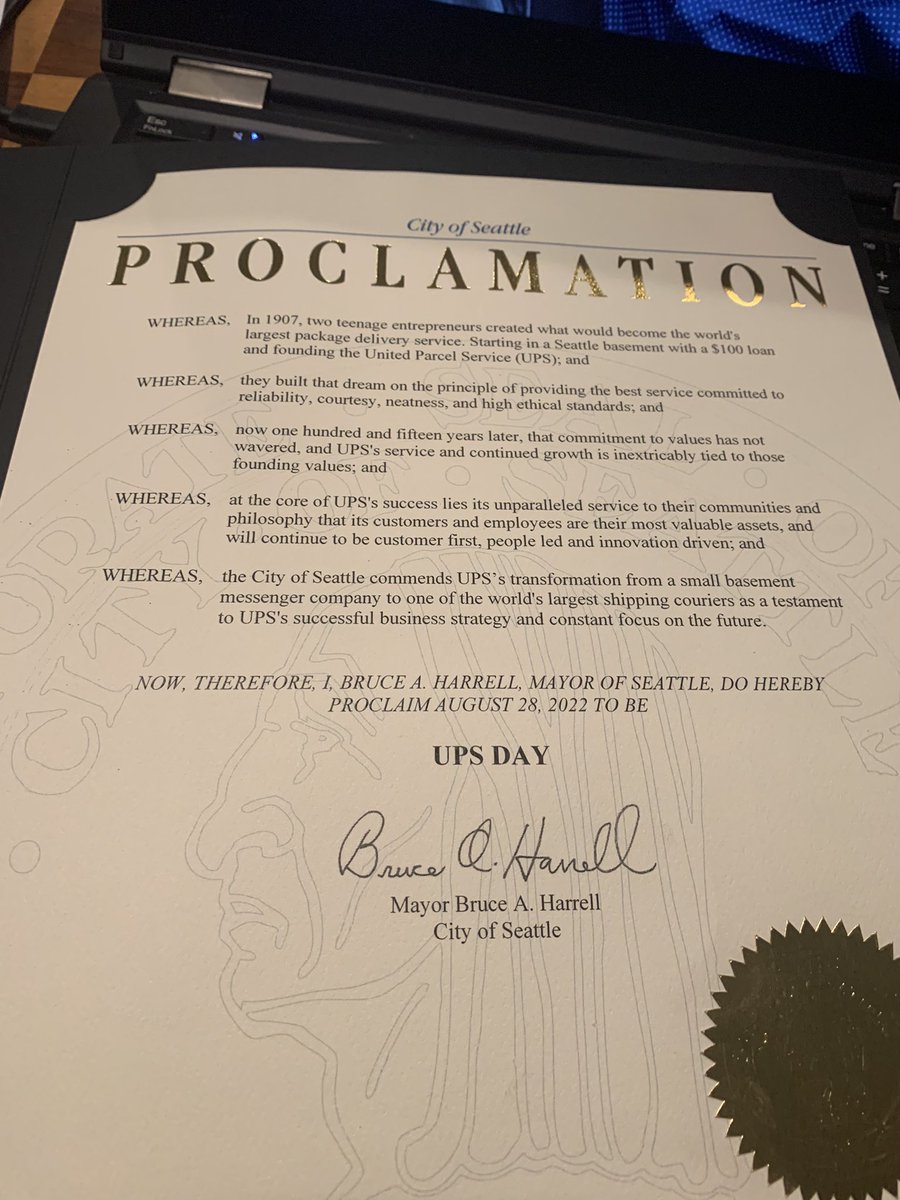 kdfize's tweet image. Today is UPS DAY in Seattle as we celebrate 115 years! Thank you @MayorofSeattle as UPS was founded in the City in 1907. @UPSPolicy