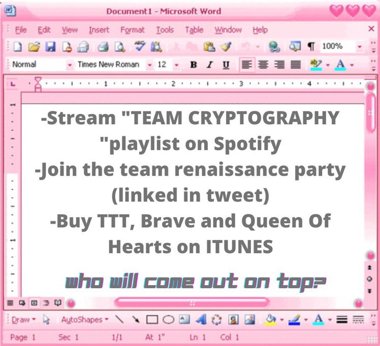 armyonce_team's tweet photo. #TalkThatTalk Streaming Competition
JOIN US AT TEAM CRYPTOGRAPHY! Let’s stream #BETWEEN1and2 and get the highest streams!
PLAYLIST: https://t.co/Ej5JkXLBvT
RENAISSANCE LINK: https://t.co/pVw5ilevtV https://t.co/tT6ZYH1GKW