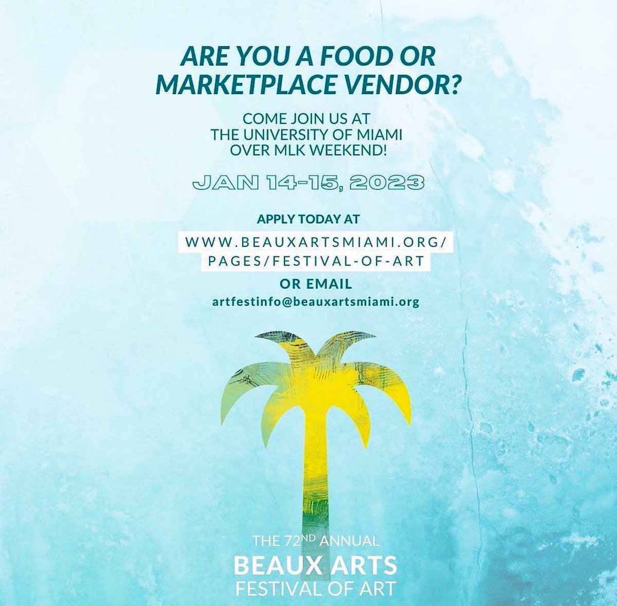 BAMiami's tweet image. Are you a Miami Food or Market Vendor? 
Apply to join us at the next #BeauxArtsFestival, to be held JAN 14-15,2023.
Applications can be found at beauxartsmiami.org/pages/festival….
#artfestival #miami #miamiartist