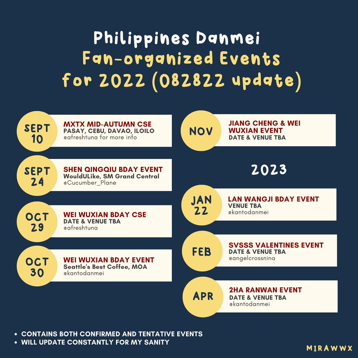 miragidyne's tweet photo. [🇵🇭 082822 UPDATE] PH Danmei events calendar! Will constantly update whenever there's more information added + new events announced! #danmeitwt 

** Please do check @afreshtuna's profile for more details on each city's venue for the Mid-Autumn CSE
** TGCF event moved to pending https://t.co/bYpEgWyAOq