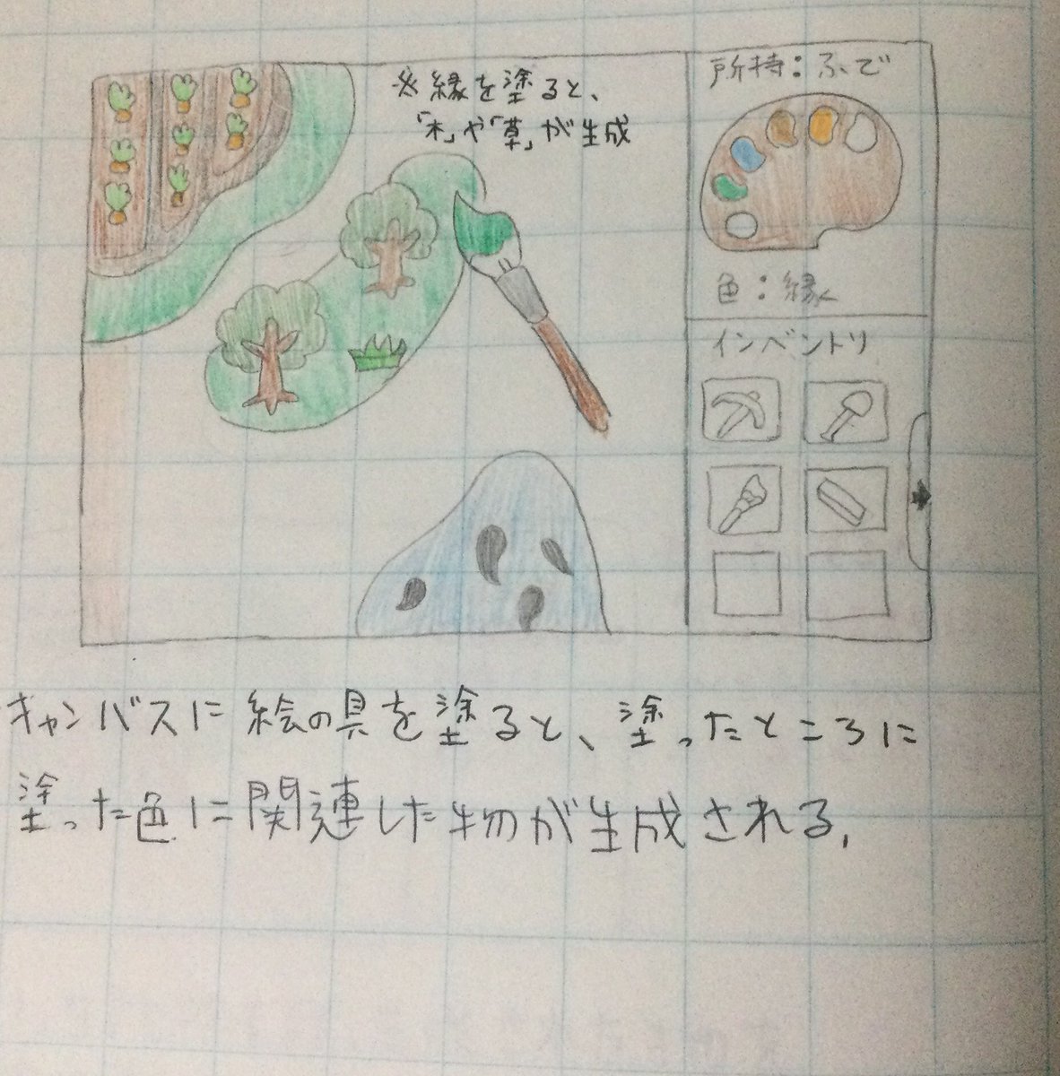 roriOG3's tweet photo. #1hPL お題「多彩な」
真っ白なキャンバスに多彩な絵の具を塗って自然を作るペイントサンドボックスゲーム。例えば、キャンバスに緑を塗ると塗った所に緑に関連した草や木が生成される。また、異なる色の絵の具同士で重ね塗りすることで、特別な効果を持つ物体が生成されることがある(写真3の「畑」) https://t.co/i2L66UEAgP
