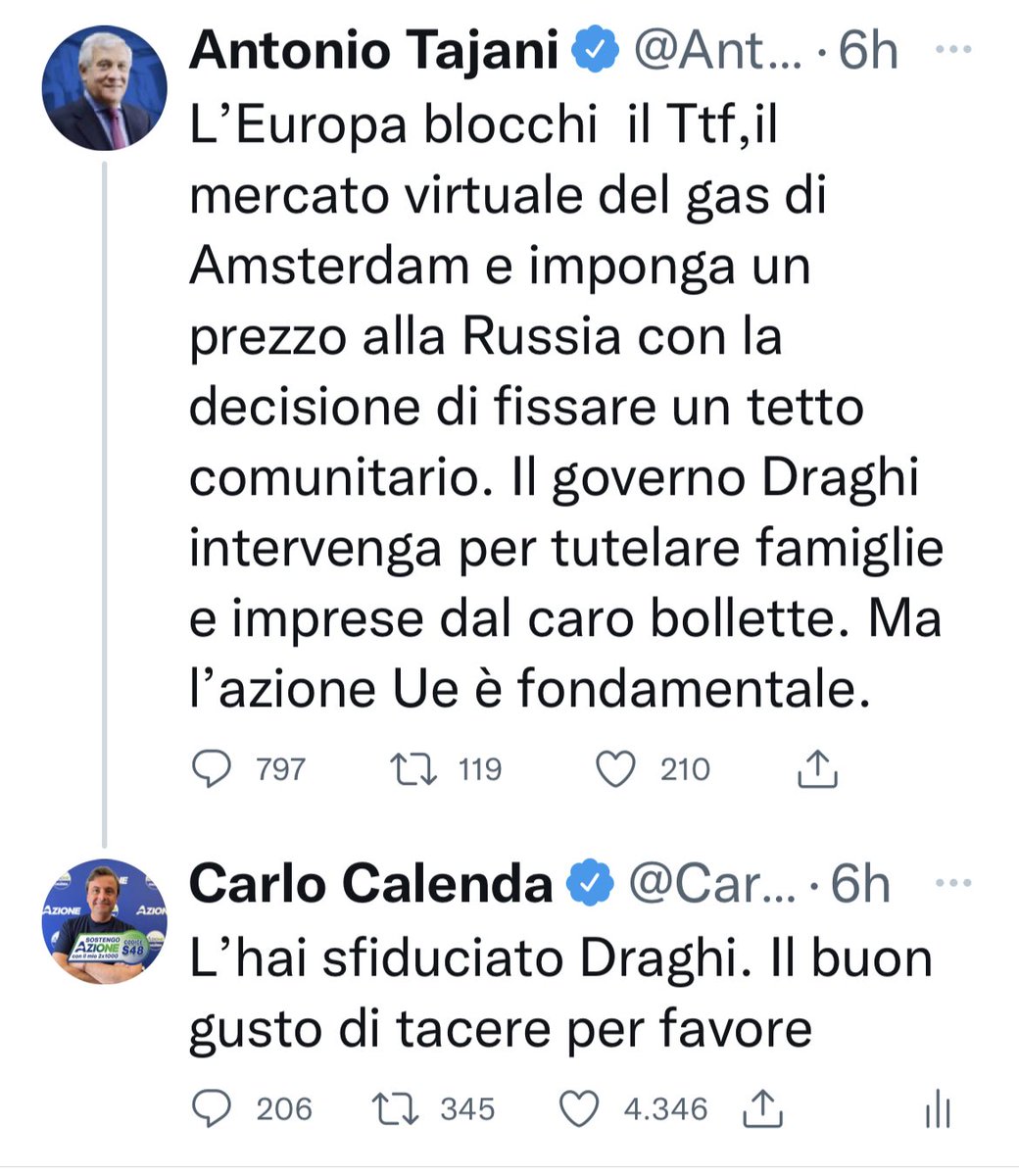 CarloCalenda's tweet photo. Forza Italia ritiene davvero di poter far scordare agli elettori di aver sfiduciato Draghi. Ma come dimostra questo scambio con ⁦@Antonio_Tajani⁩ non è così. https://t.co/aTeHEP5iFw