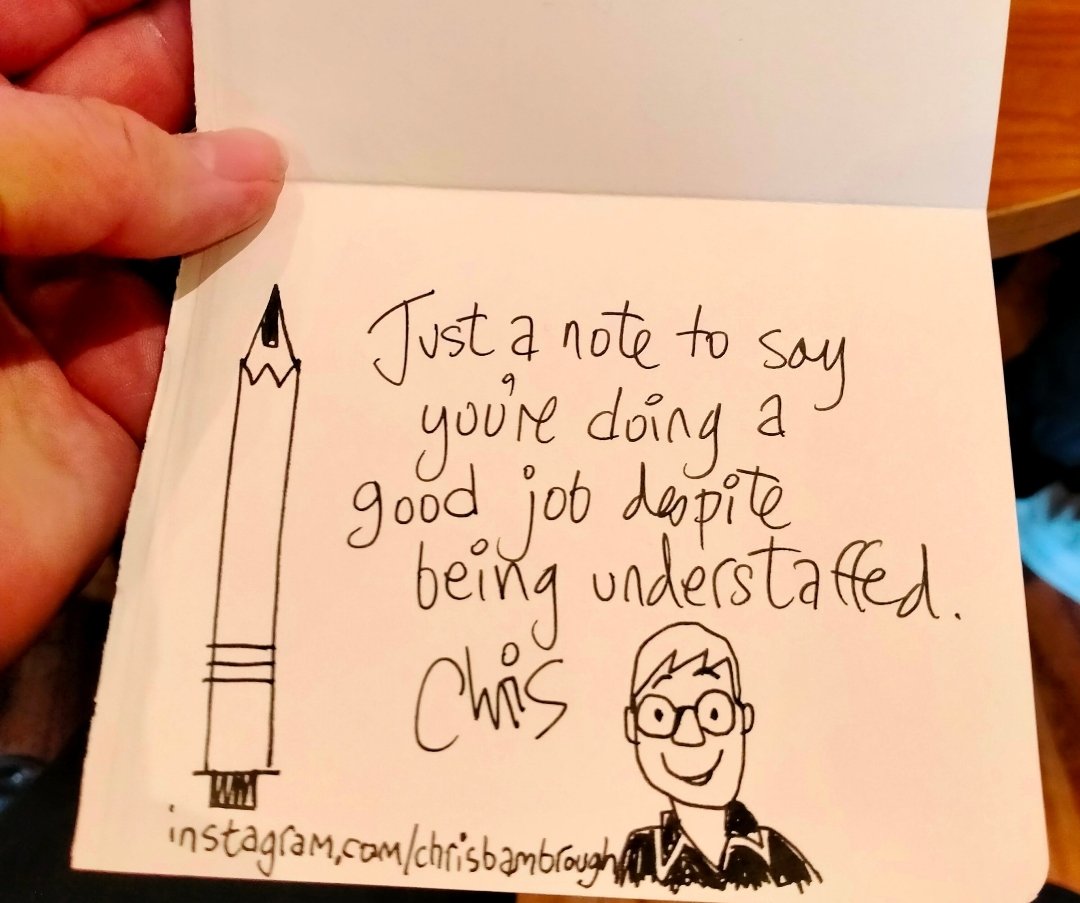 ChrisBambrough1's tweet photo. Felt a bit sorry for the obviously short staffed and run-off-their-feet workers in Costa this afternoon, so did a quick cartoony thankyou for them.❤️
#bekind @CostaCoffee #coffeeshops #shopworkers #gratitude #thankfulness #sundayvibes https://t.co/cetBml1NbX
