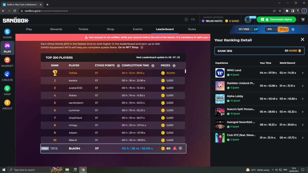 SBukurecki's tweet photo. For the last 4 days, I was playing Sandbox almost 12 hours a day, in the picture below you can see my time, and today I realized that I can't be in the top 1000, cuz of cheaters and the PAY TO WIN system of rewarding. I will not continue my Sandbox journey. #TheSandbox https://t.co/i0Y2guM1M2