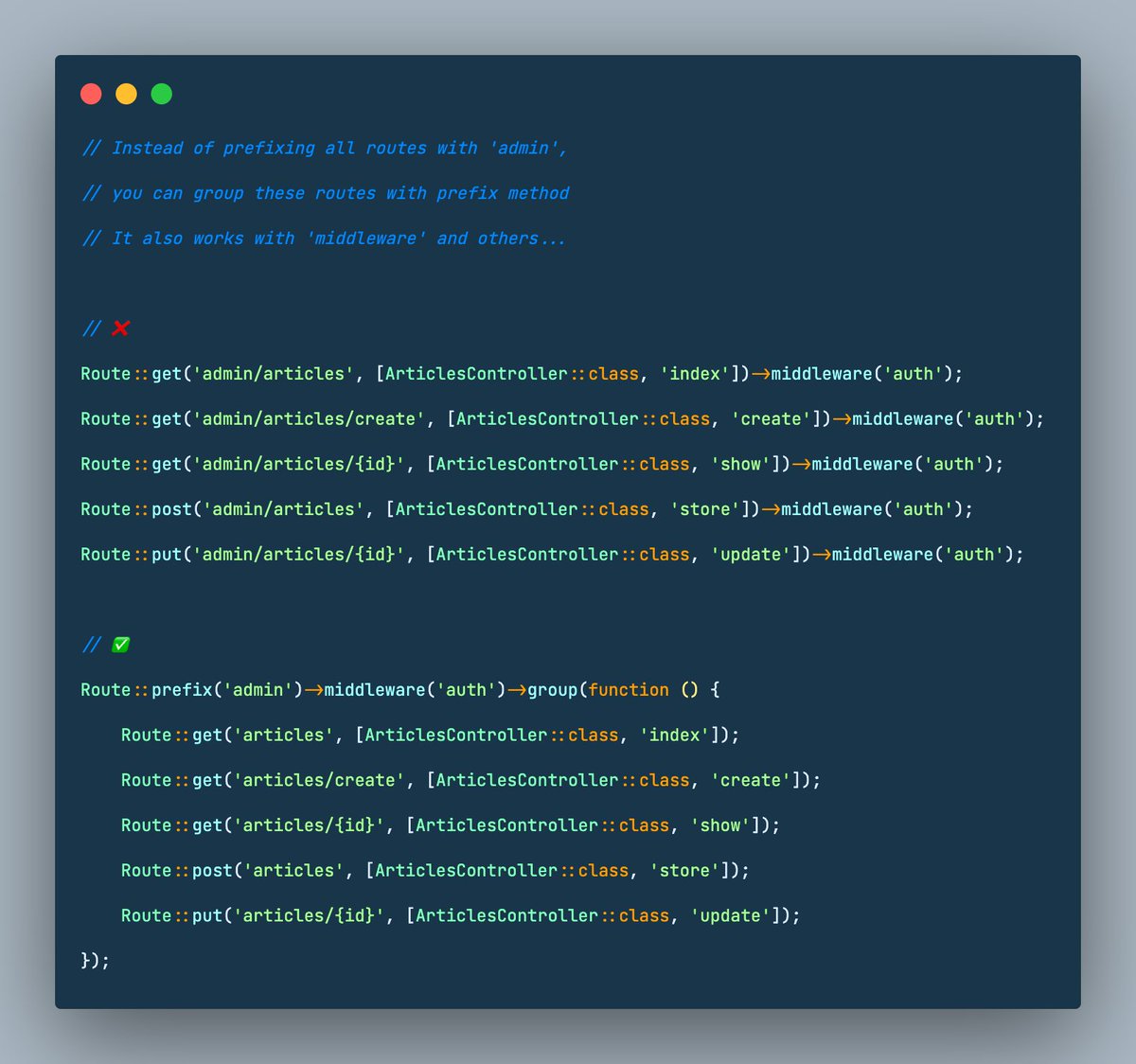 Laratips1's tweet image. Route methods like prefix, middleware, etc can save a lot of boilerplate code.
There are even more such goodies. Here's the docs link: laravel.com/docs/9.x/routi…
#laravel #laratips
