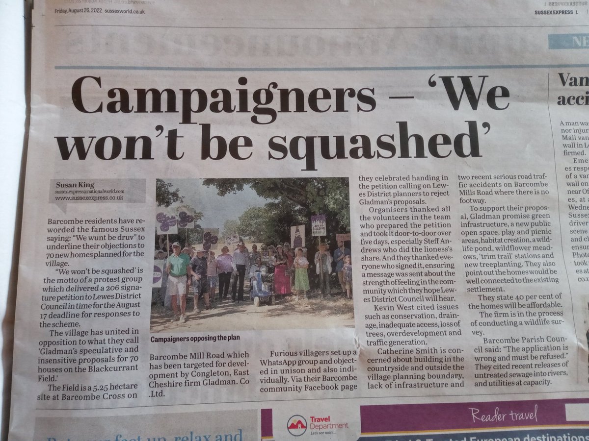 WWBSquashed's tweet photo. Fantastic to see such prominent footage of the We Won't Be Squashed campaign in the print version of @sussex_express,  reported by @SusanKing27. Let's hope @LewesDC Lewes District Council hears our message loud and clear and helps #SaveOurBlackcurrantField. 

@CPRESussex https://t.co/R0S1KL3pTc