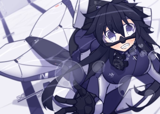 C100新刊(落とした)から新型スーツで得意げな凪夏(と新型スーツの構成部品みたいな) 得意げに手を振っていますがスーツは凪夏がテスター務めてる企業の試供品なのでタダです(ほとんど凪夏しか使わないようなものをなぜこの企業は作っているんだ? 