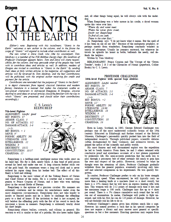 CalstaffTheGold's tweet photo. In Dragon #44 (Dec/80), Tom Moldvay and David 'Zeb' Cook stat out two characters from the writings of C.S. Lewis (Reepicheep) and Arthur Conan Doyle (Professor Challenger).
#1e #ADnD #CharacterStats https://t.co/ynVtfpmXZ4
