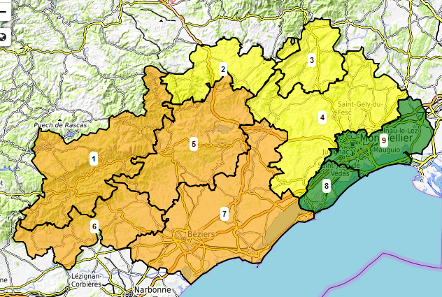 Prefet34's tweet photo. 🗺🔥 Carte du risque #FeuxDeForêt lundi 2⃣9⃣août⤵️
🟠Risque élevé secteurs: -Collines centre Hérault -Minervois/Saint-Chinianais -Pl viticole Cœur Hérault &pl littorales-Somail, Espinouse& Monts d'Orb
🟡 modéré reste département
🔍 voir légende
🚭ne jetez pas🚬
🔥 📞18 ou 112 https://t.co/kICYWZFjfA