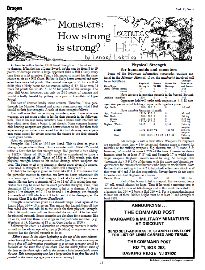 CalstaffTheGold's tweet photo. In Dragon #44 (Dec/80), Len Lakofka shares his homebrew rules for monster strength scores and effects in this installment of "Leomund's Tiny Hut".
#1e #ADnD #VariantRules https://t.co/EaZybBzglz