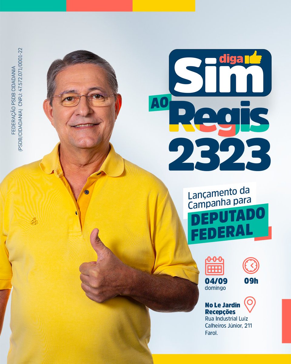 regiscavalcante's tweet photo. Tá chegando o dia de oficializar a nossa campanha e dizer #Sim para um país, mas principalmente, uma Alagoas melhor! 👍
Dia 4 de setembro, às 10h ⏰, eu espero vocês no 📍Le Jardins Recepções.
#RegisCavalcante #DigaSim https://t.co/po5cQ0RxDb