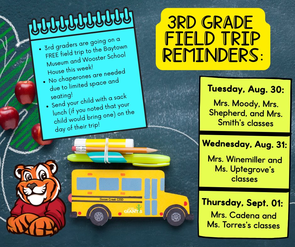GC_TravisElem's tweet photo. Families of 3rd grade Tigers, please take a minute to read the reminders below. If you haven't sent field trip permission slips back to school with your child, please do so ASAP. Thank you! 🐾🧡🐯 #gcGIANTS #TravisTigers @GCCISD https://t.co/9lnmEZEcC4